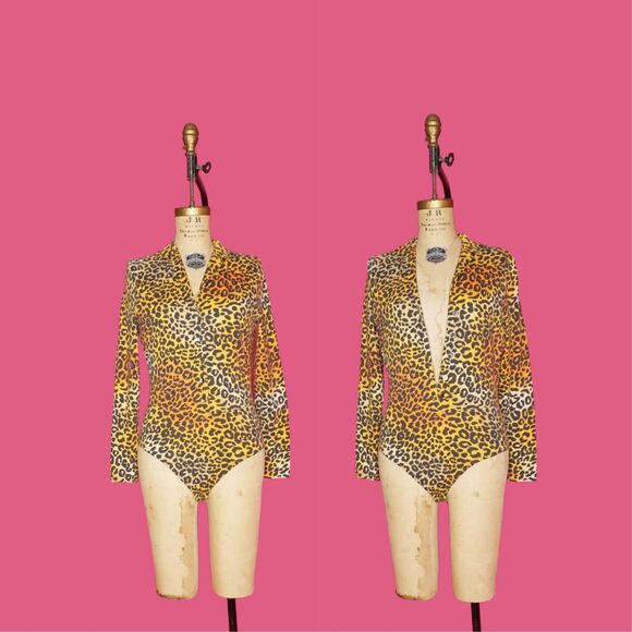 1980s-1990s MONDI LEOPARD Print Long Sleeve Button Up BODYSUIT Leotard. S-M - Picture 1 of 10